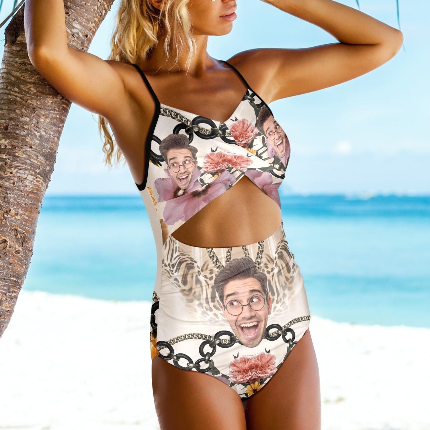 Custom Face Backless Swimsuit Personalized Face Pink Flowers With Chain Women&