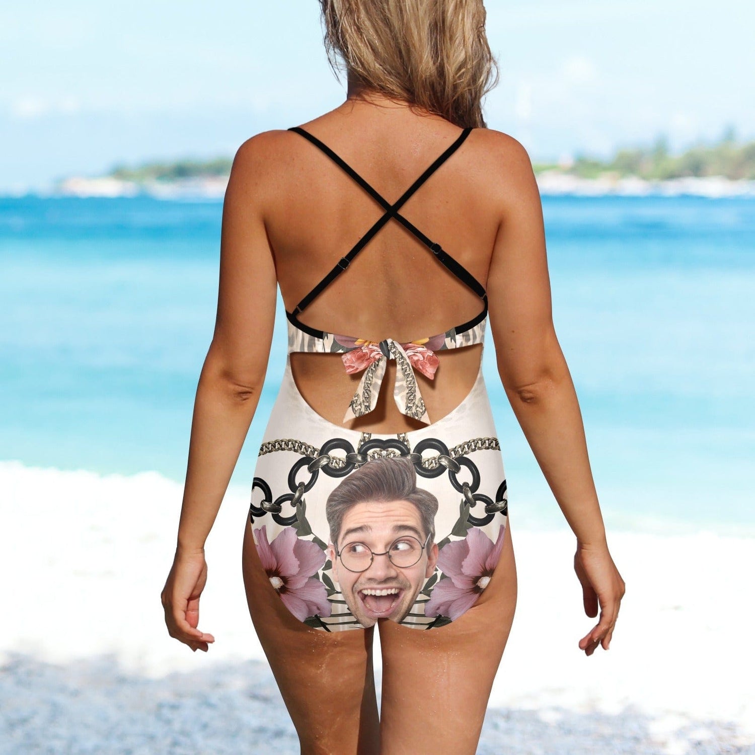 Custom Face Backless Swimsuit Personalized Face Pink Flowers With Chain Women&