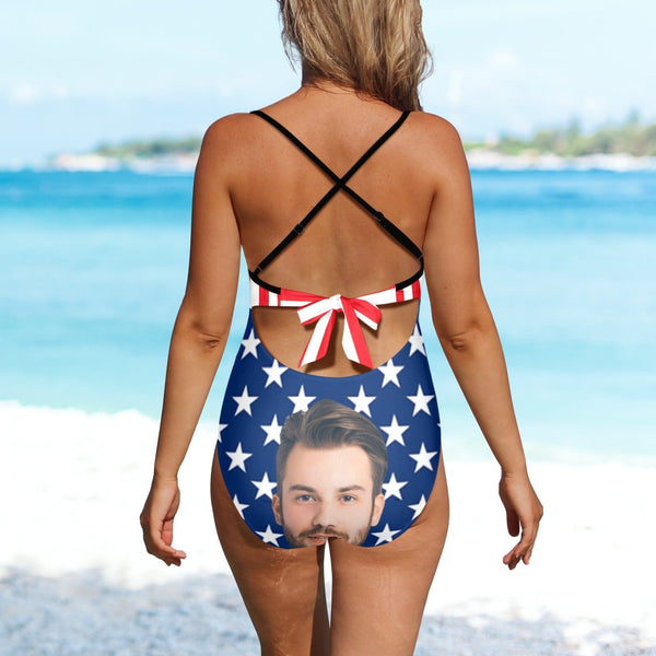 Custom Face Backless Swimsuit Personalized Face Flag Women's Front Cutout One Piece Swimsuit