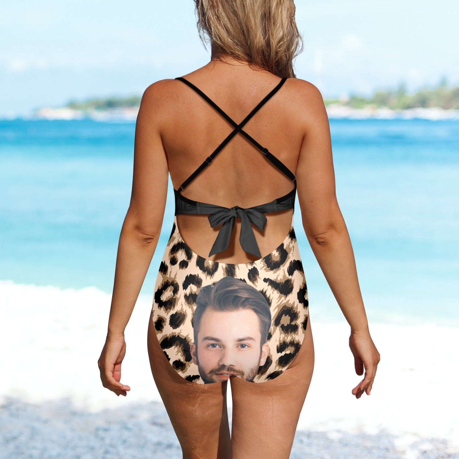 Custom Face Backless Swimsuit Personalized Face Leopard Print Black Women&