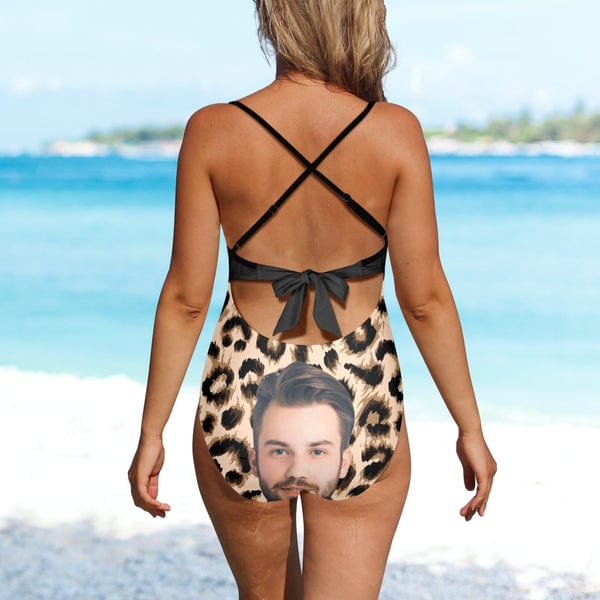 Custom Face Backless Swimsuit Personalized Face Blue Paint Smear Pattern Women&