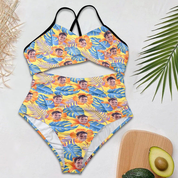 Custom Face Backless Swimsuit Personalized Face Yellow Flowers Blue Leaves Women's Front Cutout One Piece Swimsuit