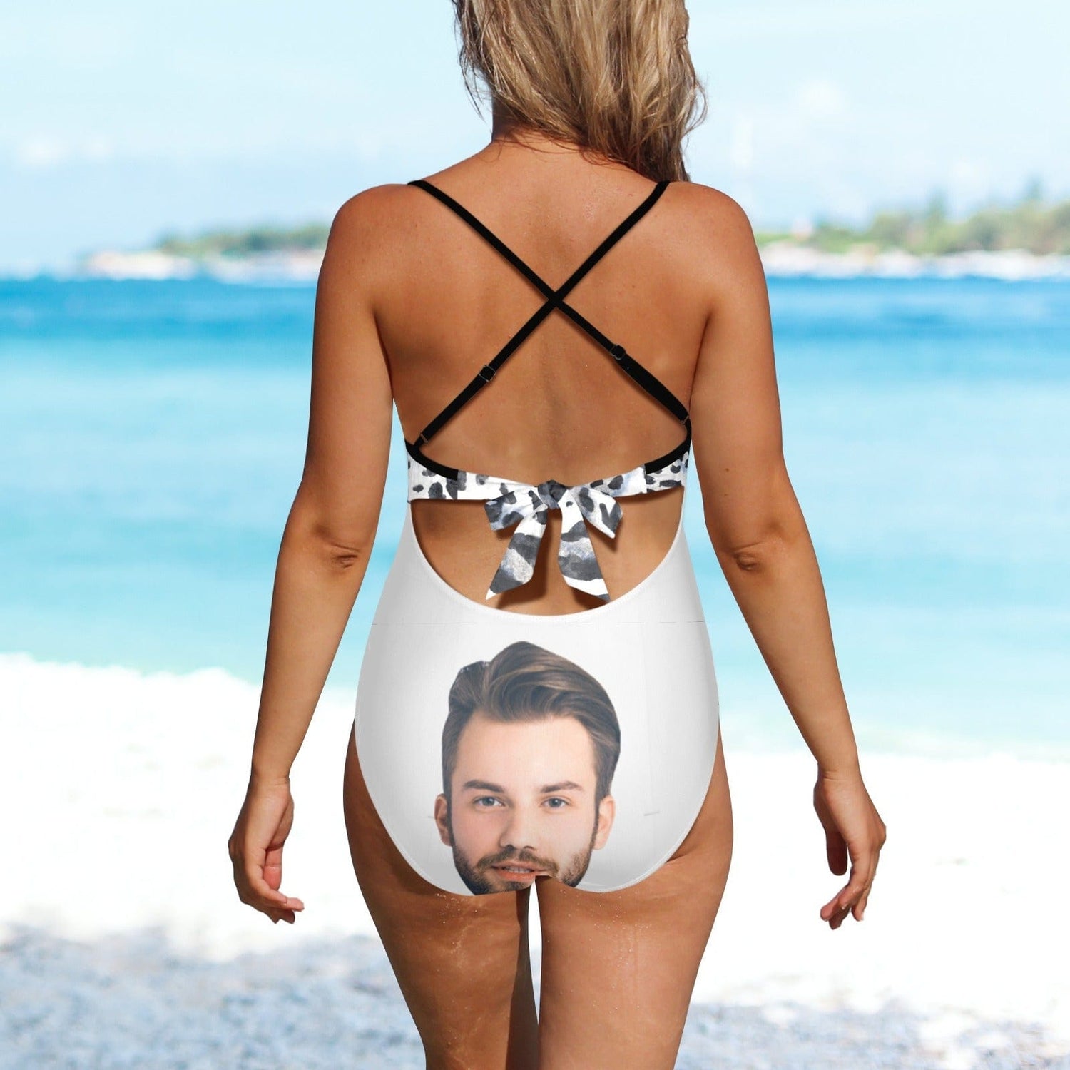 Custom Face Backless Swimsuit Personalized Face Black&amp;White Women&