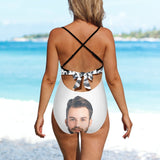 Custom Face Backless Swimsuit Personalized Face Black&White Women's Front Cutout One Piece Swimsuit