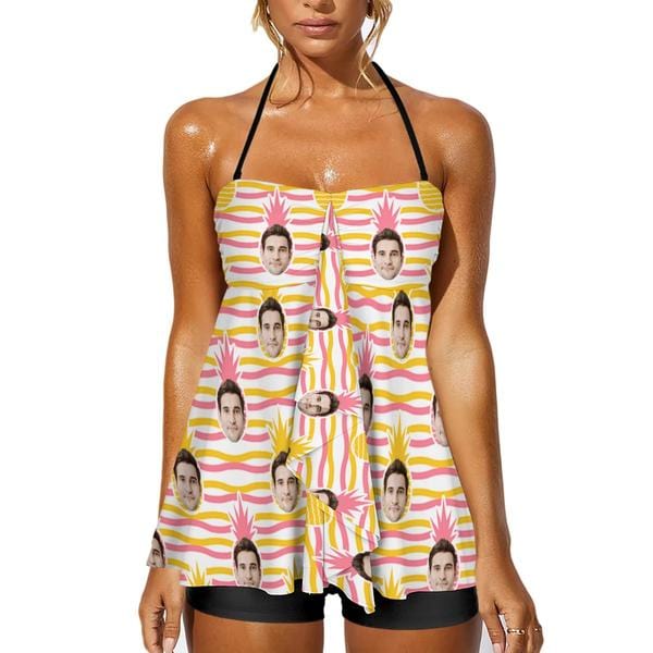 Custom Face Stripes Pineapple Neck Sling Tankini Personalized Split Swimsuit