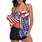 Custom Face Stripes Stars Flag Neck Sling Tankini Personalized Split Swimsuit