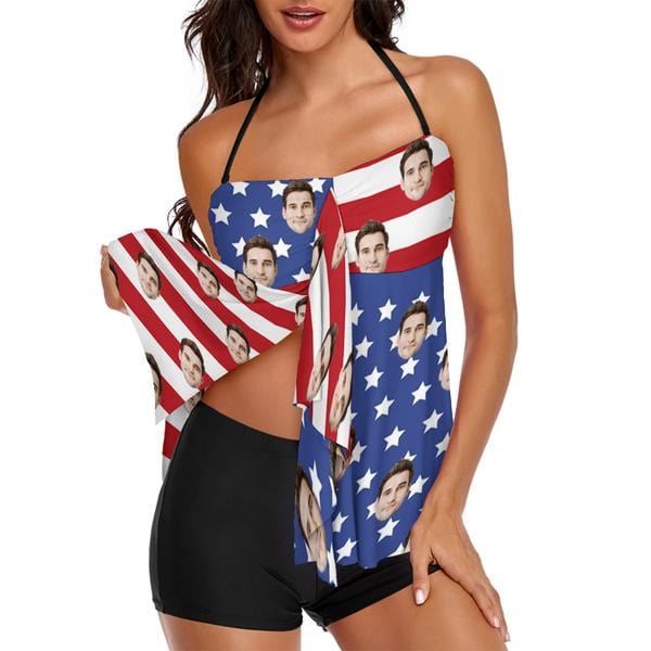 Custom Face Stripes Stars Flag Neck Sling Tankini Personalized Split Swimsuit