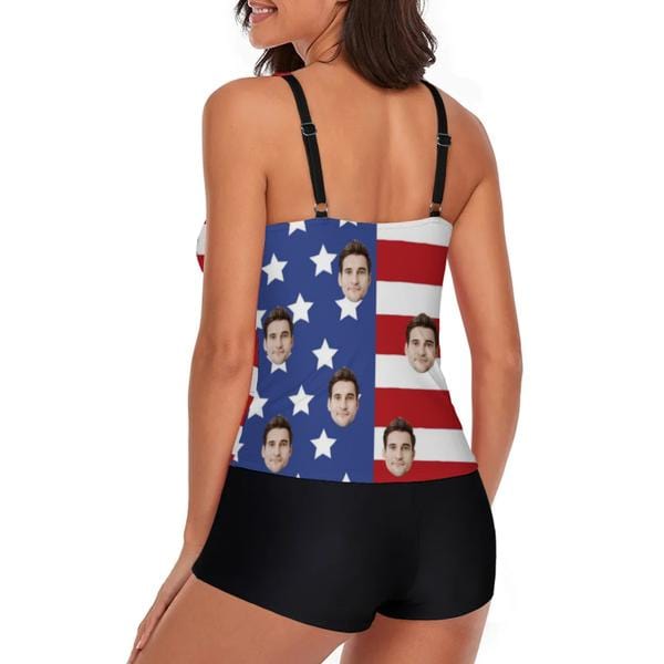 Custom Face USA Flag Ruched Plain Adjustable Strap Tankini Personalized Two Piece Swimsuit