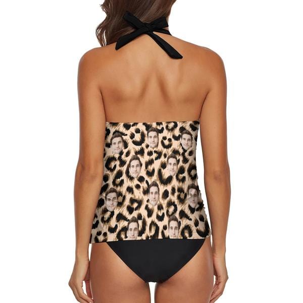 Custom Face Leopard Lace Halter Neck Two Piece Bikini Personalized Women Swimsuit