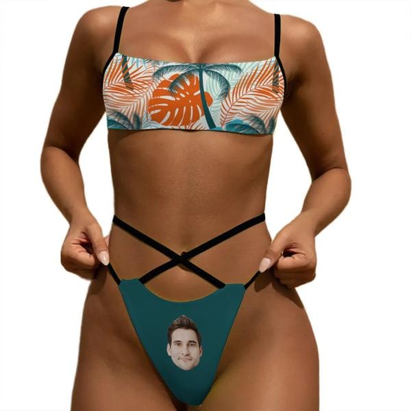 Custom Face Tropical Leaves Green Waist Bond Triangle Bikini Peronalized Two Piece Swimsuit