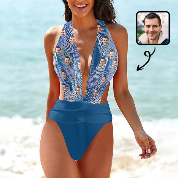 Custom Face Leaves Blue Women's Deep V-Neck Low Back Crossover One Piece Swimsuit  Personalized Woman Swimsuit