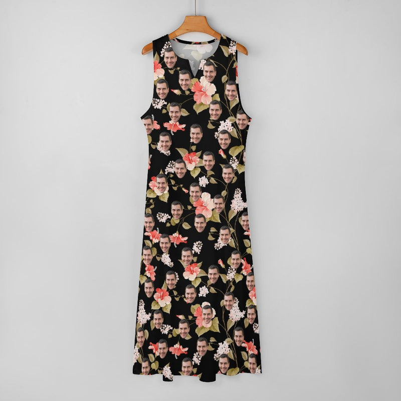 Custom Face Black Flowers Sleeveless Summer Dress with Pocket Personalized Women's Long Dress