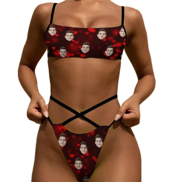 Custom Face Little Hearts Waist Bond Sports Bikini Peronalized Two Piece Swimsuit