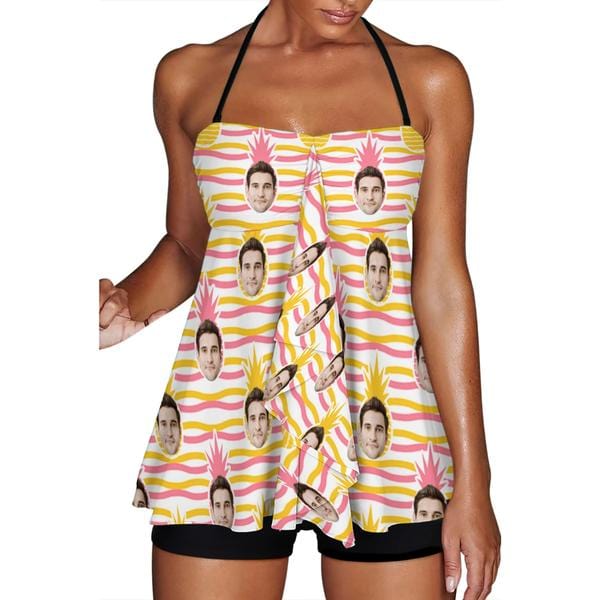 Custom Face Stripes Pineapple Neck Sling Tankini Personalized Split Swimsuit