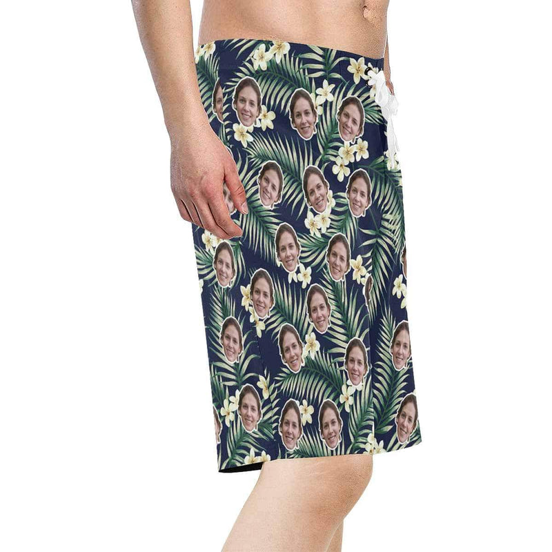 Custom Face White Flower Personalized Photo Men's Beach Shorts Drawstring Shorts