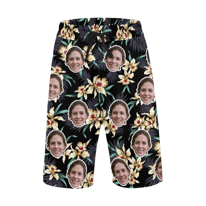 Custom Face Yellow Flowers Personalized Photo Men's Beach Shorts Drawstring Shorts