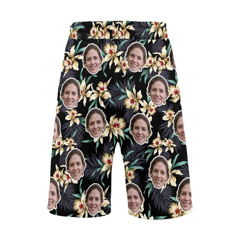 Custom Face Yellow Flowers Personalized Photo Men's Beach Shorts Drawstring Shorts