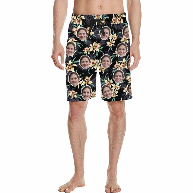 Custom Face Yellow Flowers Personalized Photo Men's Beach Shorts Drawstring Shorts