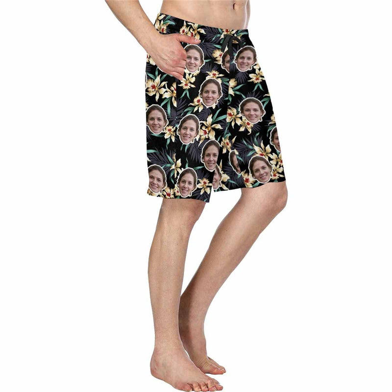 Custom Face Yellow Flowers Personalized Photo Men's Beach Shorts Drawstring Shorts