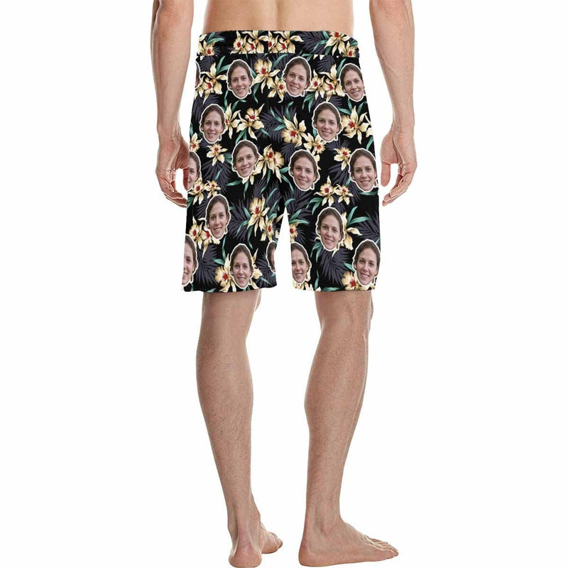 Custom Face Yellow Flowers Personalized Photo Men's Beach Shorts Drawstring Shorts