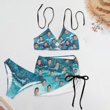 Custom Face Blue Bikini Set Personalized Women's Drawstring Halterneck Three-Piece Swimsuit Skirt