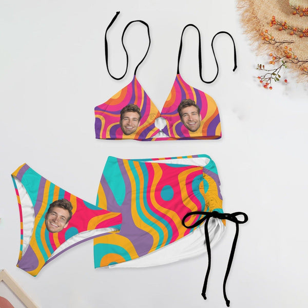 Custom Face Colorful Bikini Set Personalized Women's Drawstring Halterneck Three-Piece Swimsuit Skirt