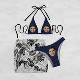 [Up To 5XL] Custom Face Leaves Bikini Set For Women 3-Pieces Summer Swimsuit