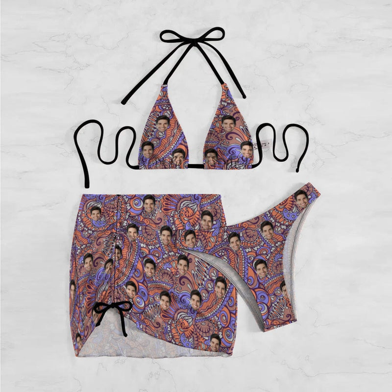 Custom Face Tribal Bikini Set For Women 3-Pieces Summer Swimsuit