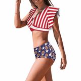 Custom Face American Flag Women Ruffle High Waisted Flounce Bikini Set Two Pieces Swimsuit Beachwear