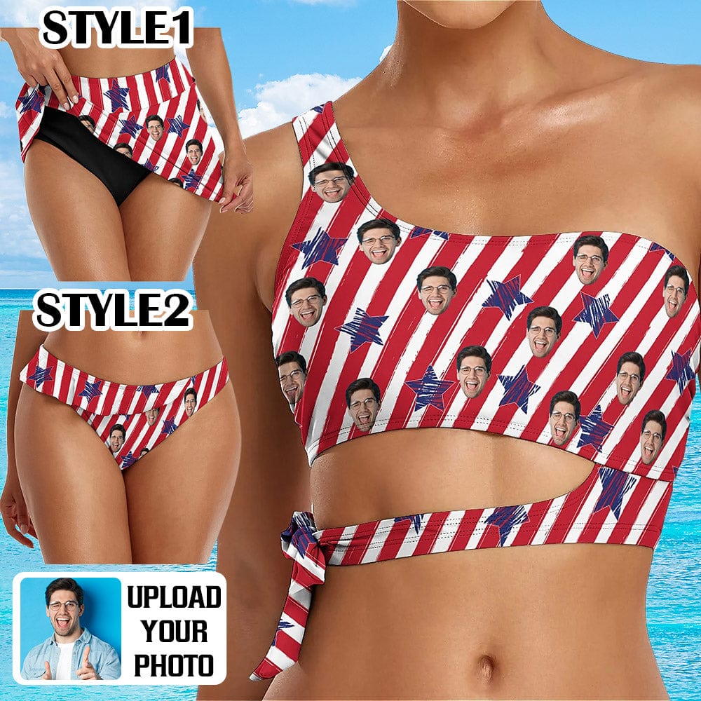 Custom Face American Flag Bikini Top&amp;Bottom One Shoulder Bikini Top Split Bikini