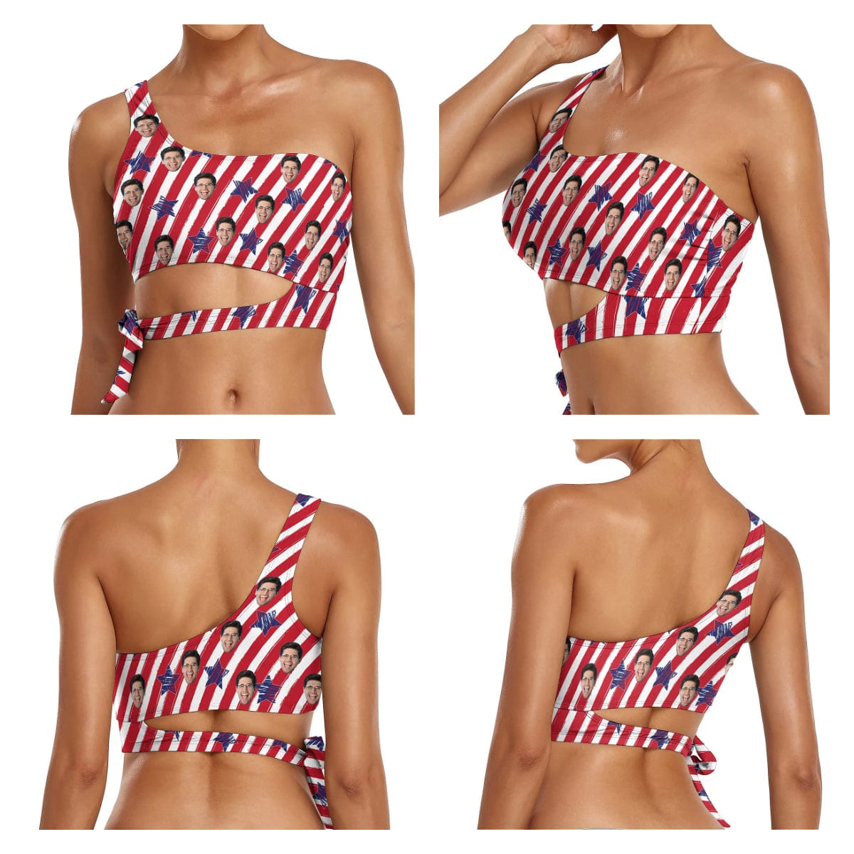 Custom Face American Flag Bikini Top&amp;Bottom One Shoulder Bikini Top Split Bikini