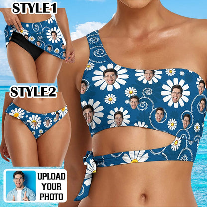 Custom Face Blue Flowers Bikini Top&amp;Bottom One Shoulder Bikini Top Split Bikini