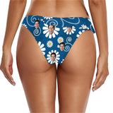 Custom Face Blue Flowers Bikini Top&Bottom One Shoulder Bikini Top Split Bikini
