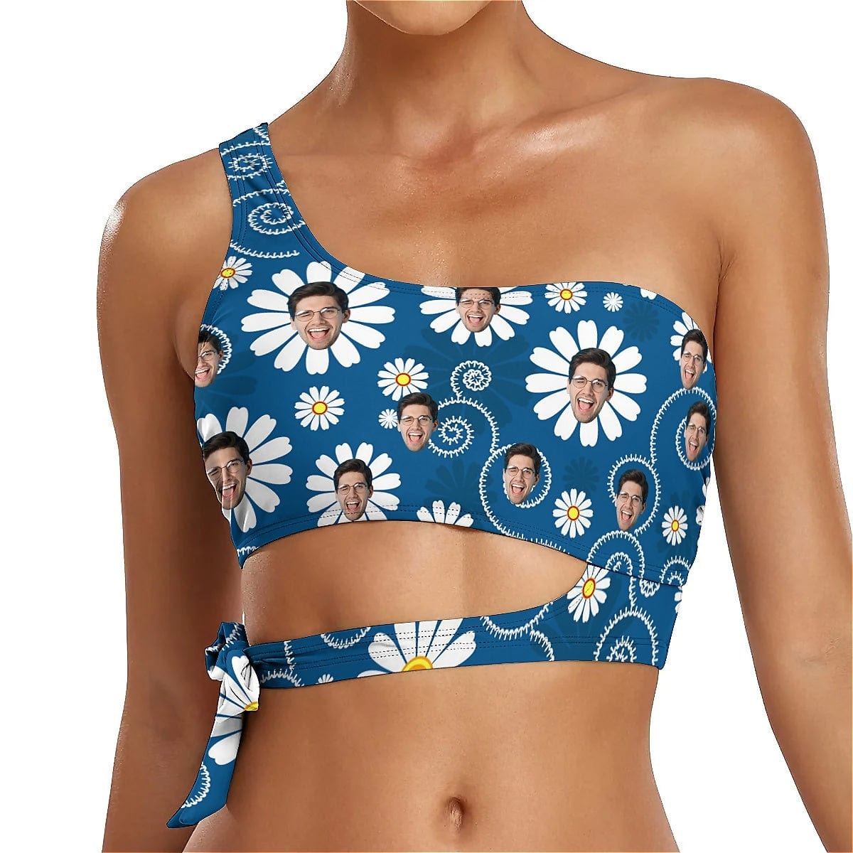 Custom Face Blue Flowers Bikini Top&amp;Bottom One Shoulder Bikini Top Split Bikini