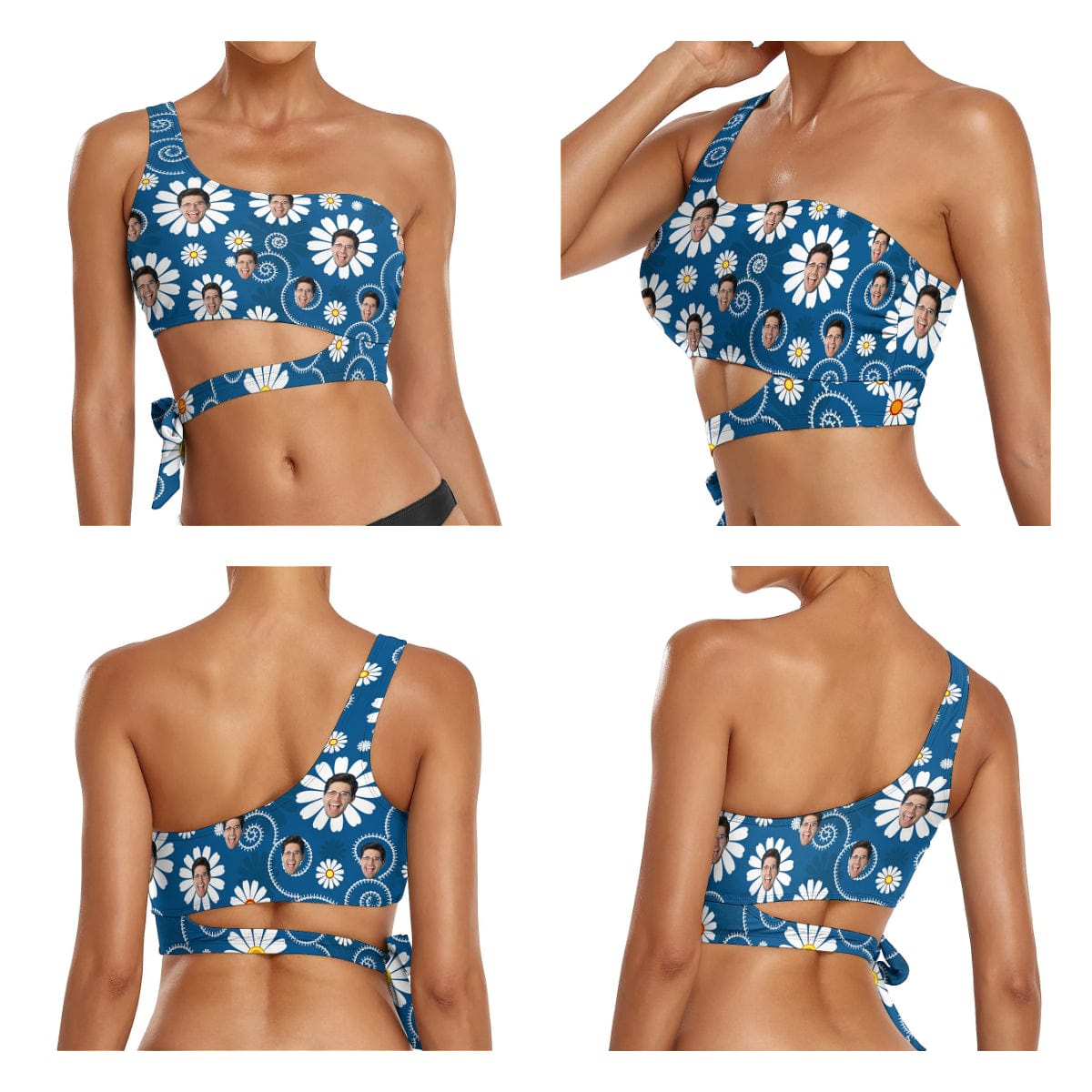 Custom Face Blue Flowers Bikini Top&amp;Bottom One Shoulder Bikini Top Split Bikini