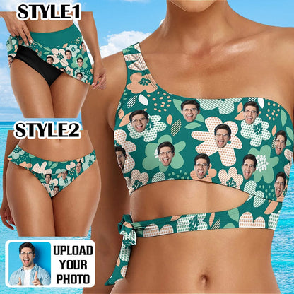 Custom Face Green Flowers Bikini Top&amp;Bottom One Shoulder Bikini Top Split Bikini