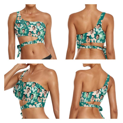 Custom Face Green Flowers Bikini Top&amp;Bottom One Shoulder Bikini Top Split Bikini