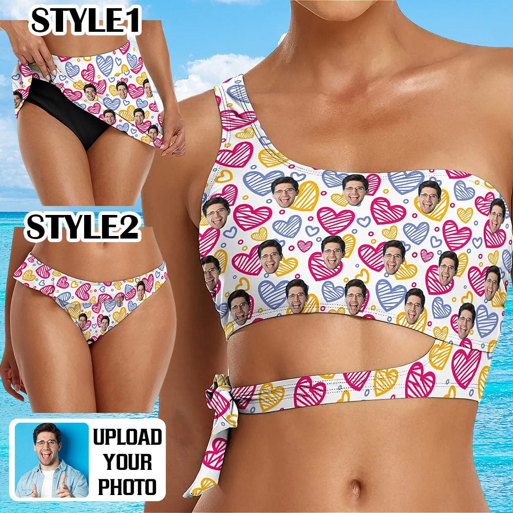 Custom Face Love Heart Bikini Top&amp;Bottom One Shoulder Bikini Top Split Bikini