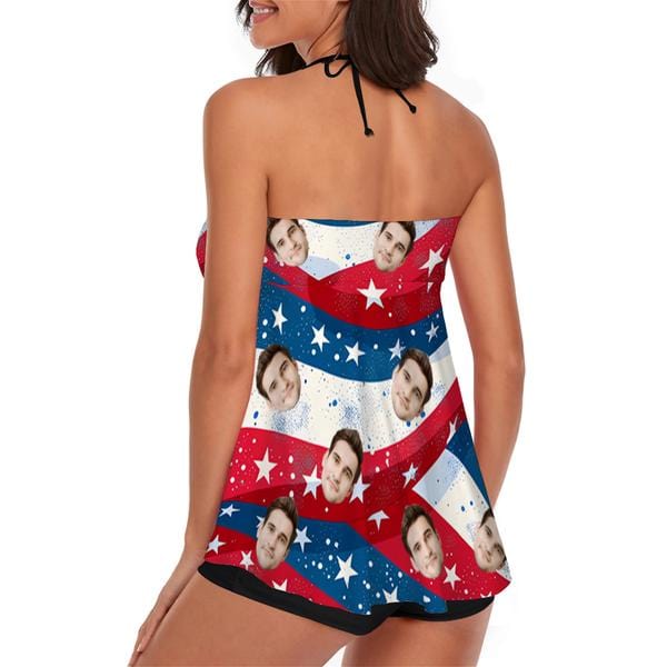 [New Arrivals] 4th of July Custom Face  USA Flag Swimsuit USA Flag Bathing Suit with Husband Face