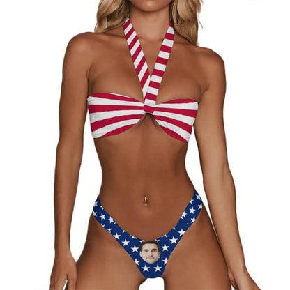 Custom Face USA Flag Wide Halterneck Triangle Bikini Personalized Two Piece Swimsuit