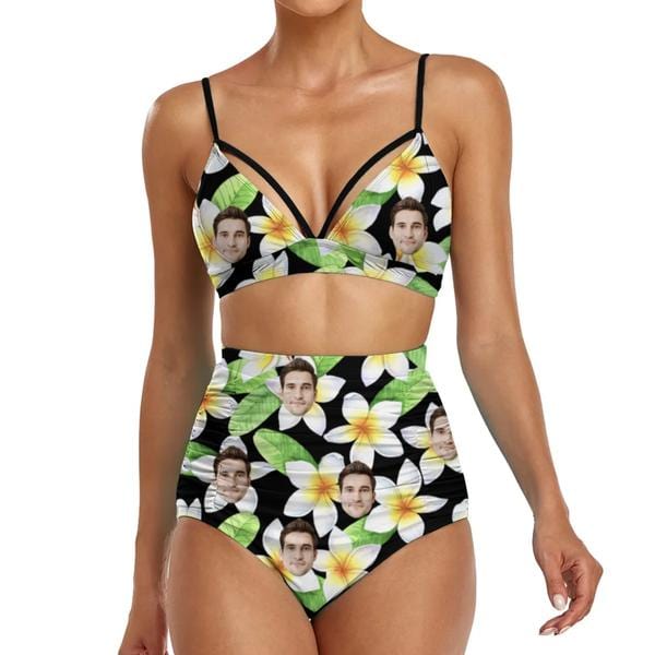 Custom Face Flowers Bust Bond High Waist Bikini Personalized Two Piece Swimsuit