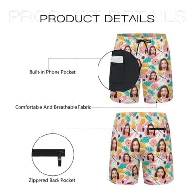 Custom Face Flowers Fruit Men's Quick Dry 2 in 1 Surfing & Swim Shorts Beach Shorts Male Gym Fitness Shorts