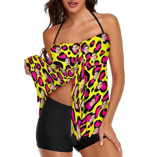 Custom Face Yellow&amp;Red Leopard Neck Sling Tankini Personalized Split Swimsuit