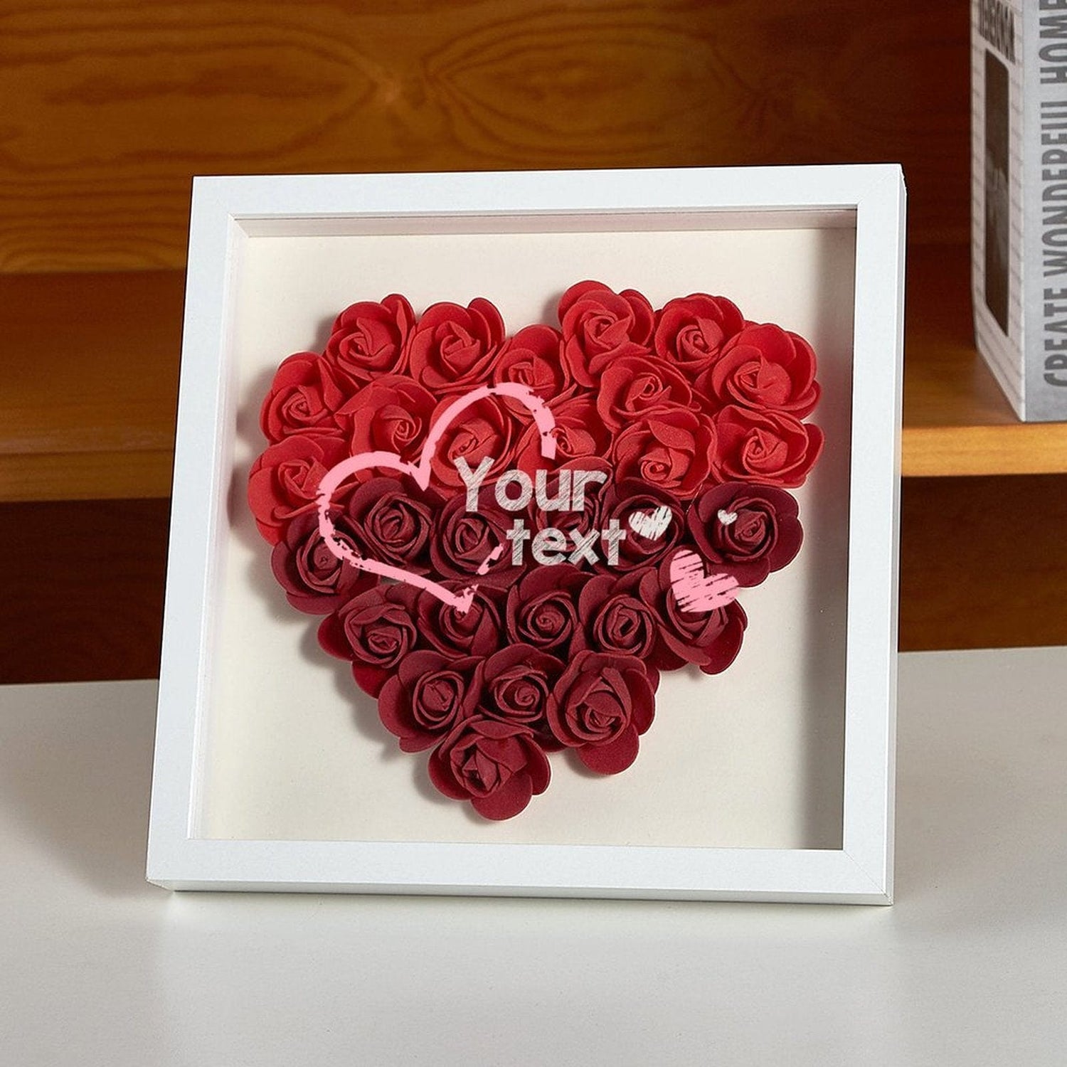 Custom Pink Text Heart-shaped Paper Flower Shadow Box Valentine&