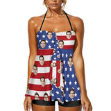 Custom Face Stripes Stars Flag Neck Sling Tankini Personalized Split Swimsuit