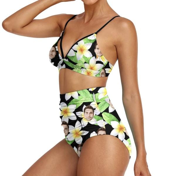 Custom Face Flowers Bust Bond High Waist Bikini Personalized Two Piece Swimsuit