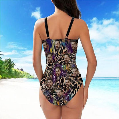 Custom Face Cross Collar One Piece Swimsuit Personalized Women&