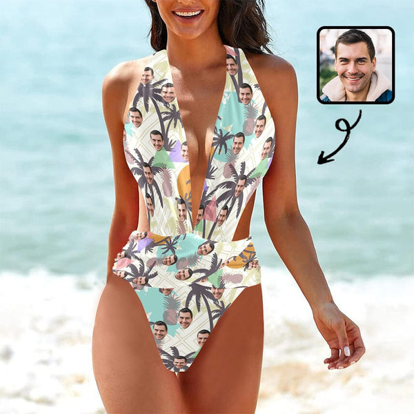 Custom Face Trees Women's Deep V-Neck Low Back Crossover One Piece Swimsuit  Personalized Woman Swimsuit