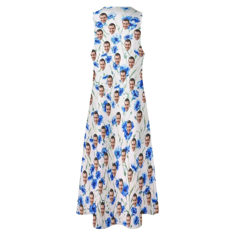 Custom Face Blue Flowers Sleeveless Summer Dress with Pocket Personalized Women's Long Dress