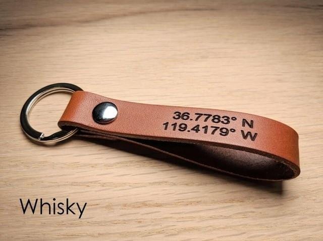 Personalized Leather Keychain Latitude Longitude Keychain, Personalized Key Chain Leather Key Ring Father Gift Boyfriend Gift